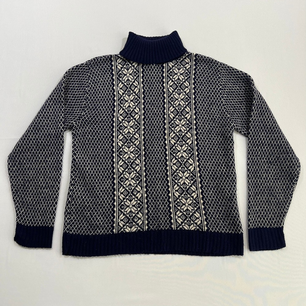 Vtg Alps Knitmeister Fair Isle Sweater Mens L Navy White Snowflake Turtleneck - Picture 2 of 10